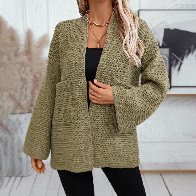 Vintage Herbst Winter Strickwaren Lockerer V-Ausschnitt Pullover Langarm Einfarbig Cardigan Oberteil