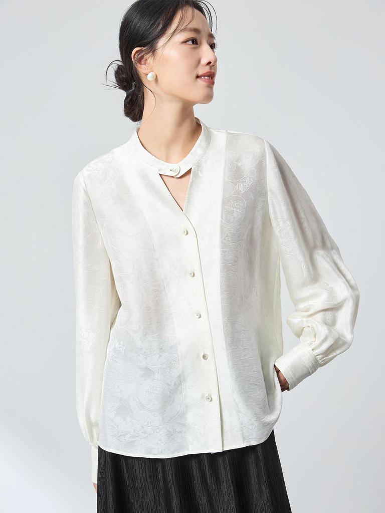 2026 Spring Mulberry Silk Satin Stand Collar Jacquard Shirt - Elegant Ink Wash Style
