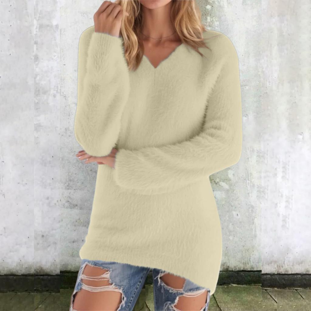 Womens Cute Sweaters Casual V Neck Fleece Pullover Long Sleeve Thermal Soft Fuzzy Sweater Winter Clothes