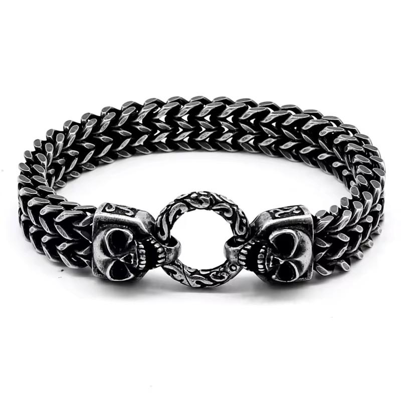 Punk Double Skull Bracelet For Men 316L Stainless Steel Heavy Shiny Skeleton Charm Mesh Chain Mens Bracelets Male Jewelry New