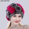 New Arrival Flowers Real Fur Hats Winter Russian Women Natural Rex Rabbit Fur Caps Lady Genuine Rex Rabbit Fur Beanies Cap