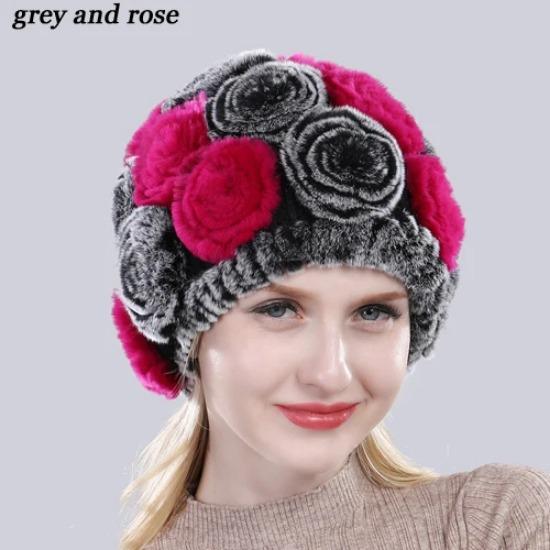 New Arrival Flowers Real Fur Hats Winter Russian Women Natural Rex Rabbit Fur Caps Lady Genuine Rex Rabbit Fur Beanies Cap