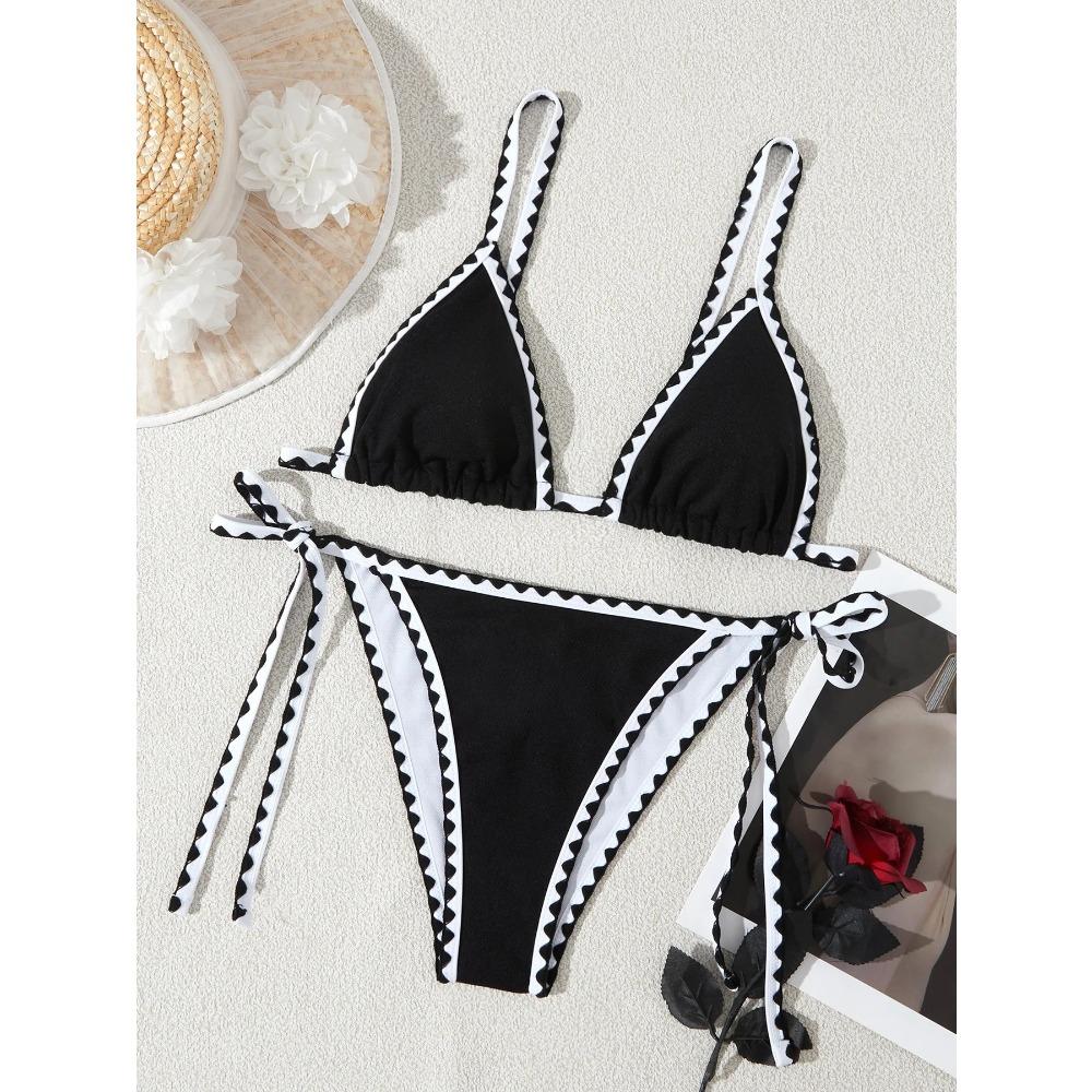 

Женские летние пляжные наряды Сексуальные купальники бикини с цветными блоками Халтер Цветочные Ракушечный узор 2 предмета XL чёрный