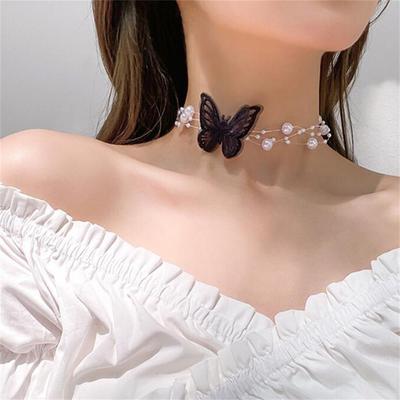 Elegant Multilayer Pearl Choker Necklace Vintage Flower Butterfly Acrylic Chain Necklace For Women Fashion Wedding Jewelry Gift