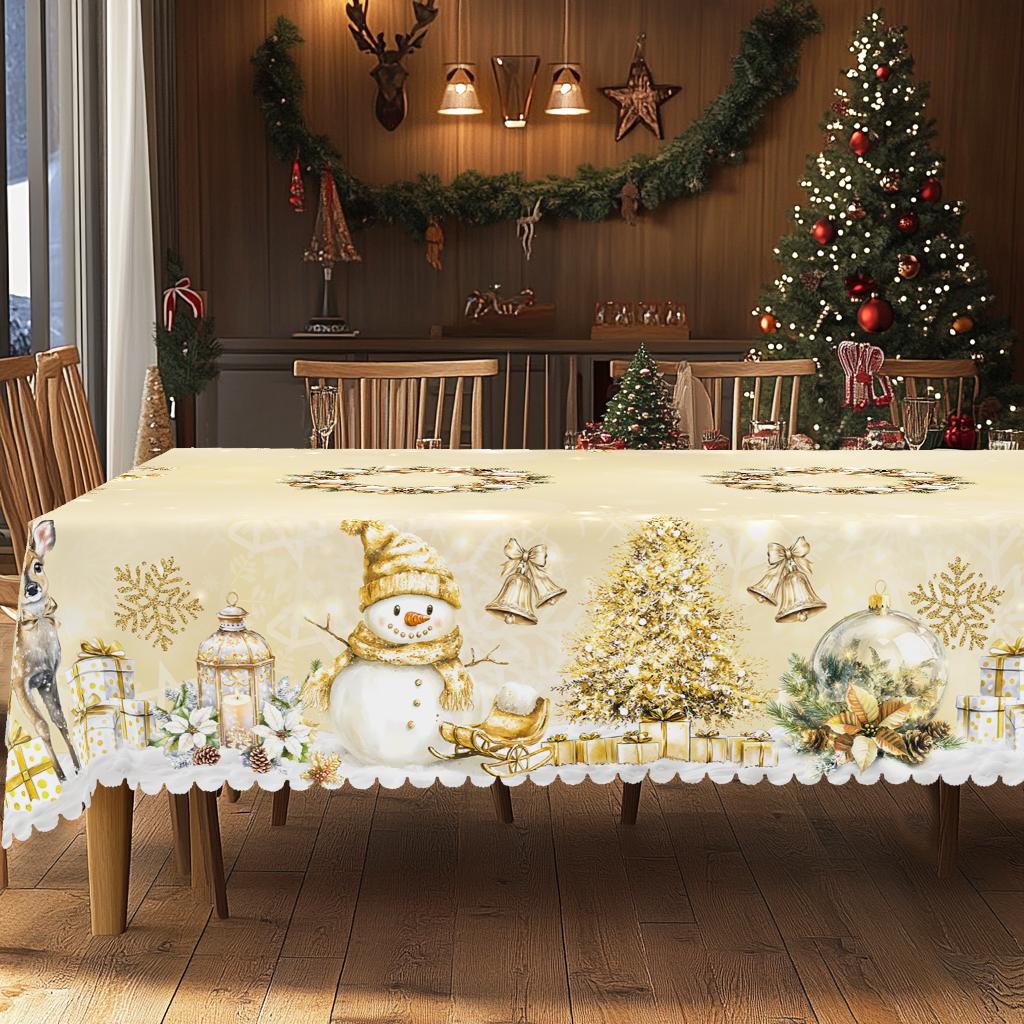 1 Stück Tischdecke mit fröhlichem Weihnachtsthema, goldfarben bedruckt, mit Schneemännern, Rentieren, Weihnachtsbäumen und Kranzmotiven, geeignet für Weihnachten, N