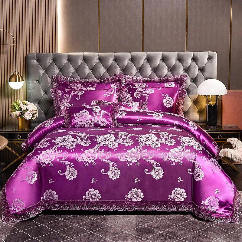 4pcs/set Luxury Jacquard Comfortable Bedding Sets Lace Edge Quilt Cover Sheet Wedding Bedding Home Textile Bedspreads Four Piece Set