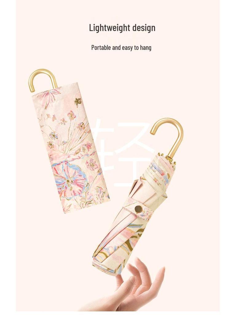Gold Curved Hook Sunshade Sun & Rain Anti-UV Folding Umbrella for Women