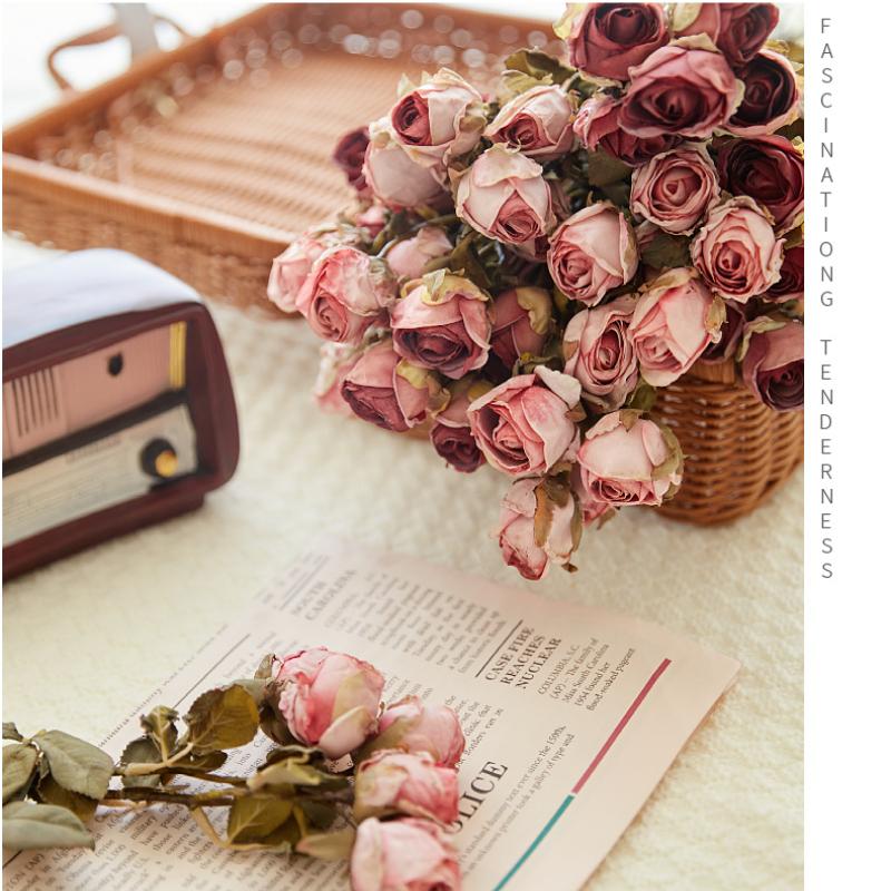 Simulated Flower Burnt Edge 5 Head Rose Withered Rose, Fake Flower Living Room Home Decoration Roasted Edge Rose Artificial Silk Flower Set of 3