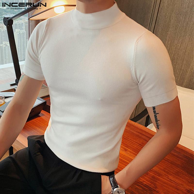 INCERUN Men Mockneck Short Sleeve Solid Color Bottoming Tops T-shirts