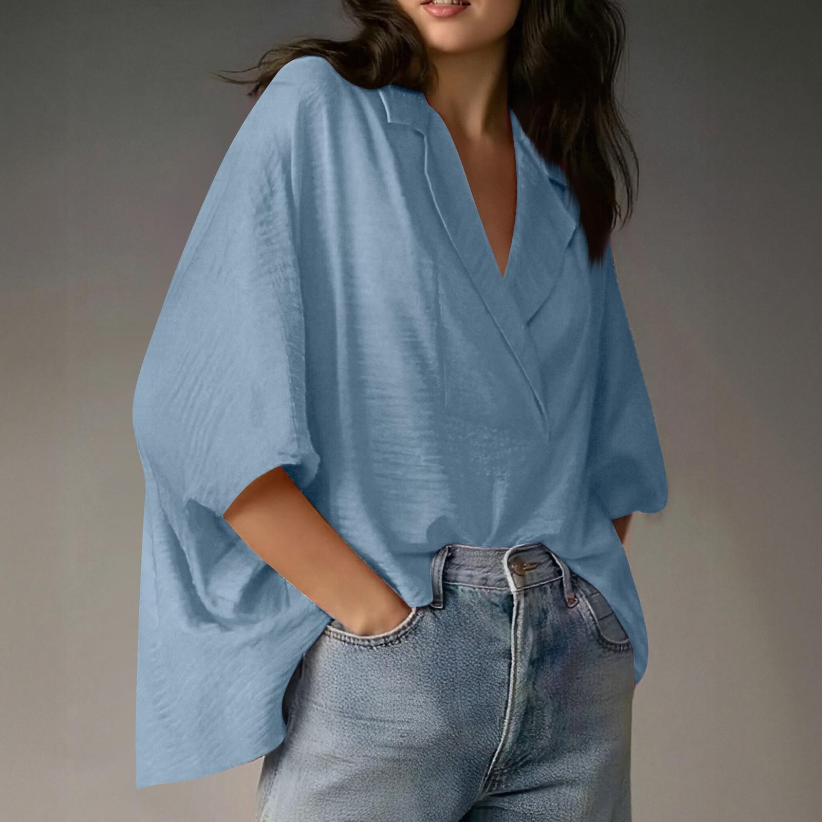 

Женская Мода Повседневная Рубашка с Рукавом Три Четверти V-образный Вырез Струящийся Лацкан Пуговицы Деловая Рубашка Топы S