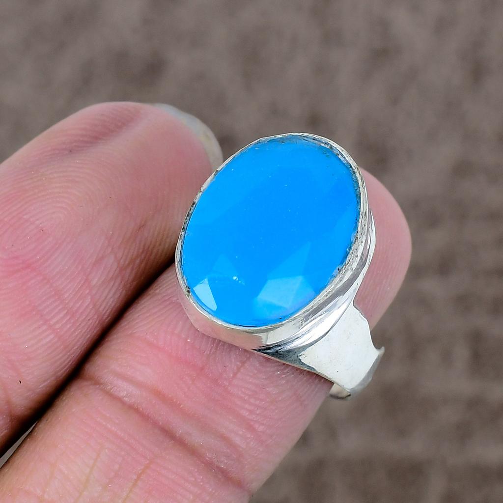 Blue Chalcedony Genstone Handmade 925 Sterling Silver Jewelry Ring Size 8 KKG-540