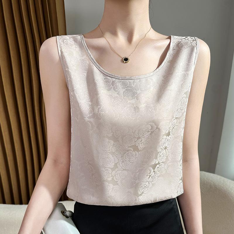 Acetate Satin Round Neck Printed Vest for Women In Summer Simple Smooth and Versatile Sleeveless Suspender Soft and Comfortable Top