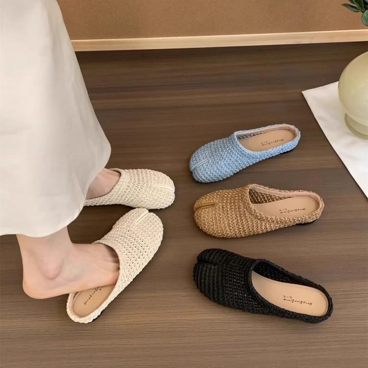 Fashion Summer Soft Leather Split-Toe Flat Bottom Comfortable Versatile Bean Shoes Women's Low Cut Slip-On Casual Shoes Rubber Sole