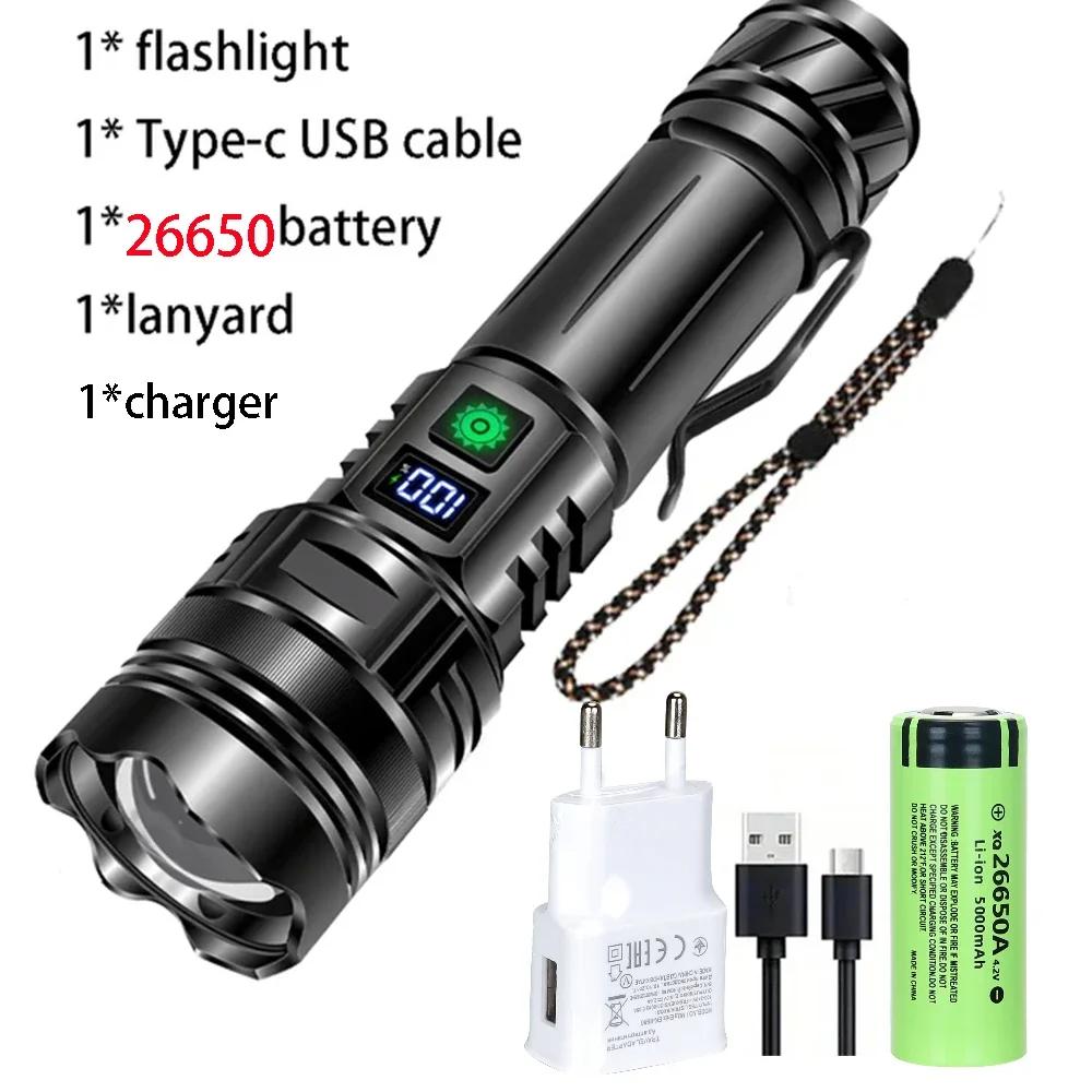 USB Rechargeable High Power LED Flashlight Outdoor Camping Lighting Long Range Emergency Tactical Lantern with Power Display