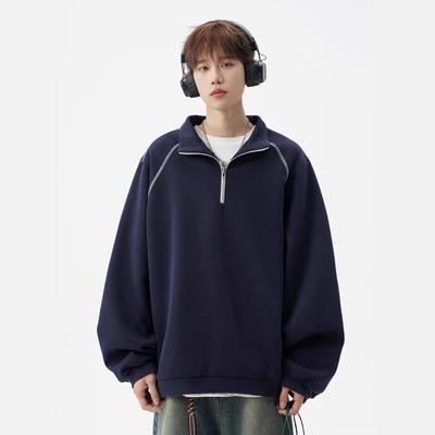 Men's Autumn Trendy Navy Blue Half-Zip Stand-Collar Hoodie Jacket