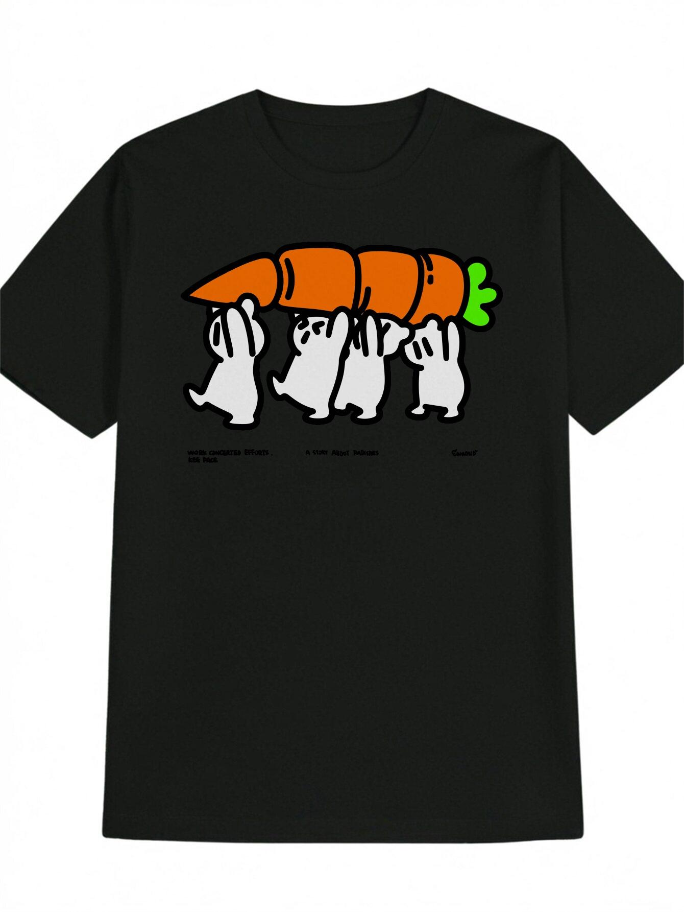 Casual Crew Neck T-shirt with Playful Bunny and Carrot Design - Soft Fabric S