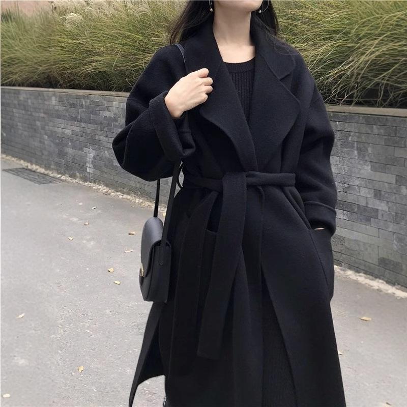 

Двустороннее кашемировое пальто для женщин, новый стиль, серое корейское осенне-зимнее высококачественное шерстяное пальто выше колена свободного покроя M чёрный