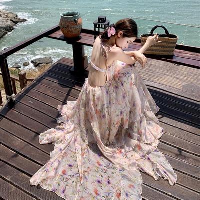 Super Beautiful Retro Flower Neck Sling Dress Summer Design Seaside Vacation Beautiful Temperament Skirt Women