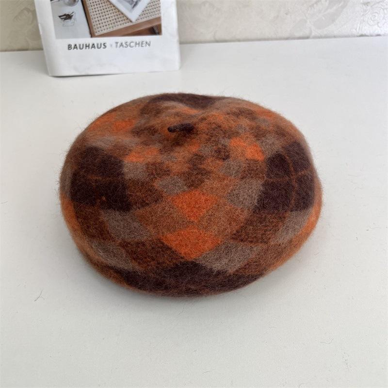 

Литературный клетчатый берет осень и зима чистая шерсть шляпа художника модный теплый вязаный берет женский M（56-58cm） оранжевый