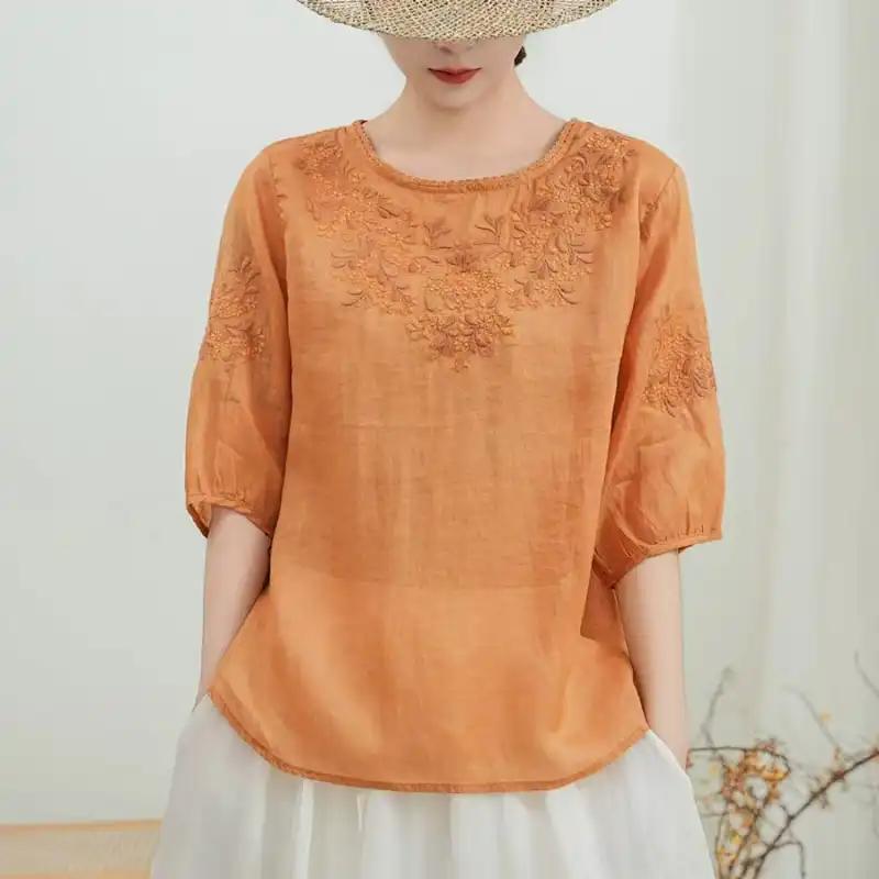 Women's Linen Embroidered Blouse Round Neck Half Sleeve Casual Summer Top