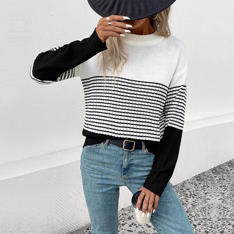 Autumn 2026 European & American Casual Stripe Color Block Sweater - Long Sleeve, Round Neck Pullover