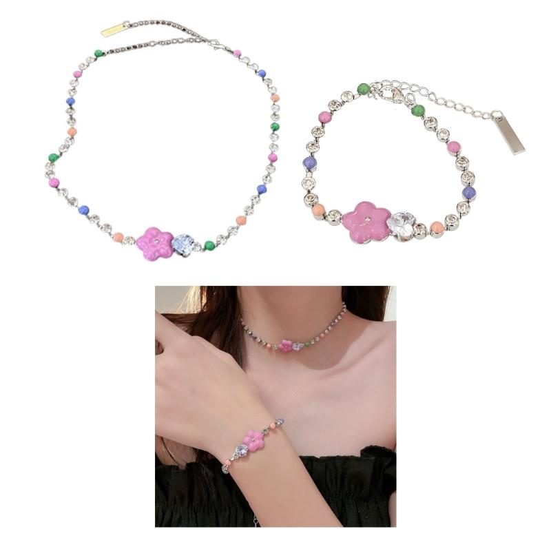 Crystal Beaded Necklace or Bracelets Adjustable Flower Charm Wrist Chain/Bangle Unique Statement Pieces for Girls Women