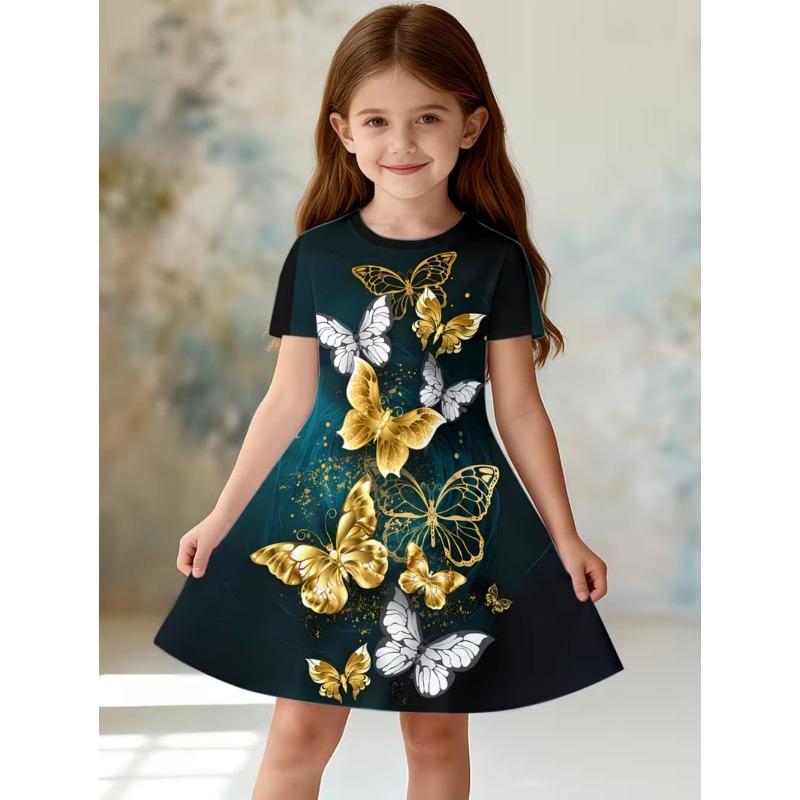 Dress for Girls Sequin Butterfly 3D Printed Short Sleeve Dress Summer Loose Girls' Casual Dress Round Neck Hot Sale Girl Clothes