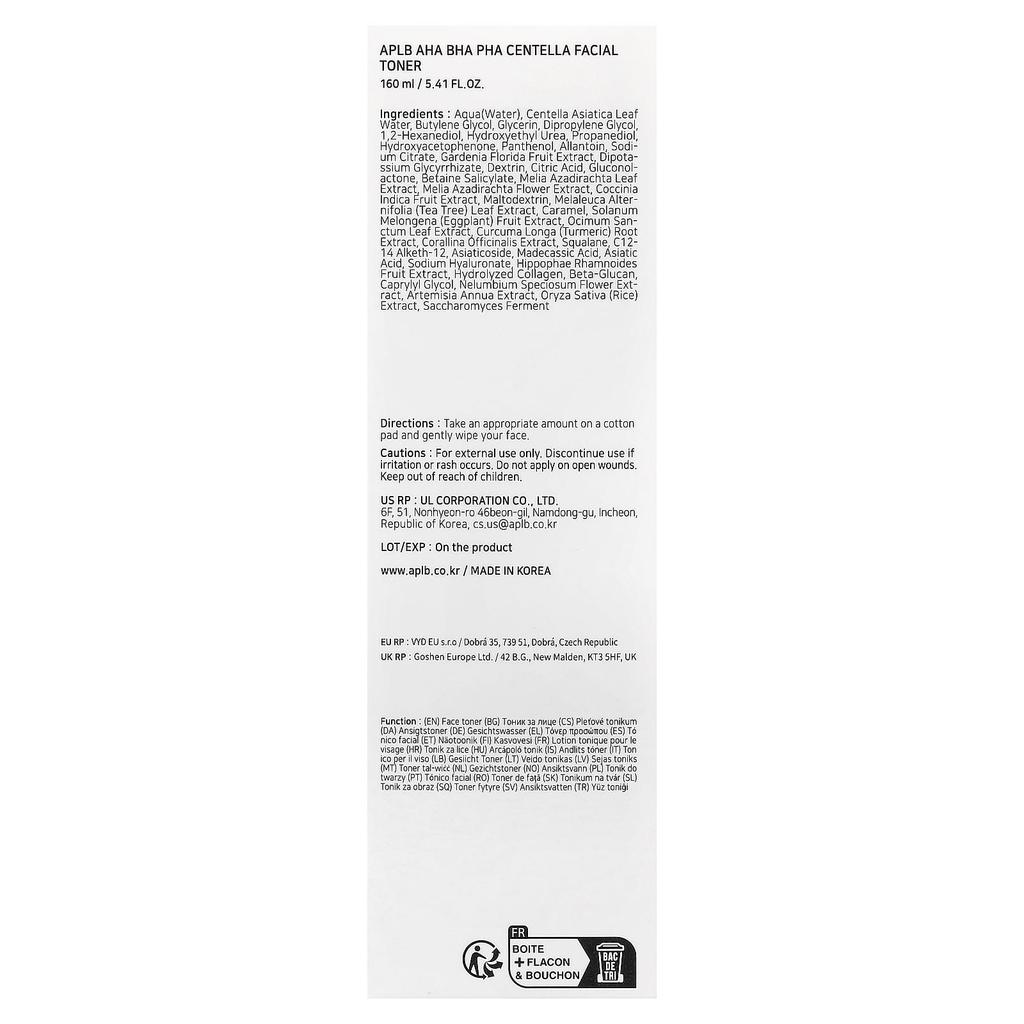 APLB, AHA BHA PHA Centella Asiatica Facial Toner, 160ml (5.41 fl oz)