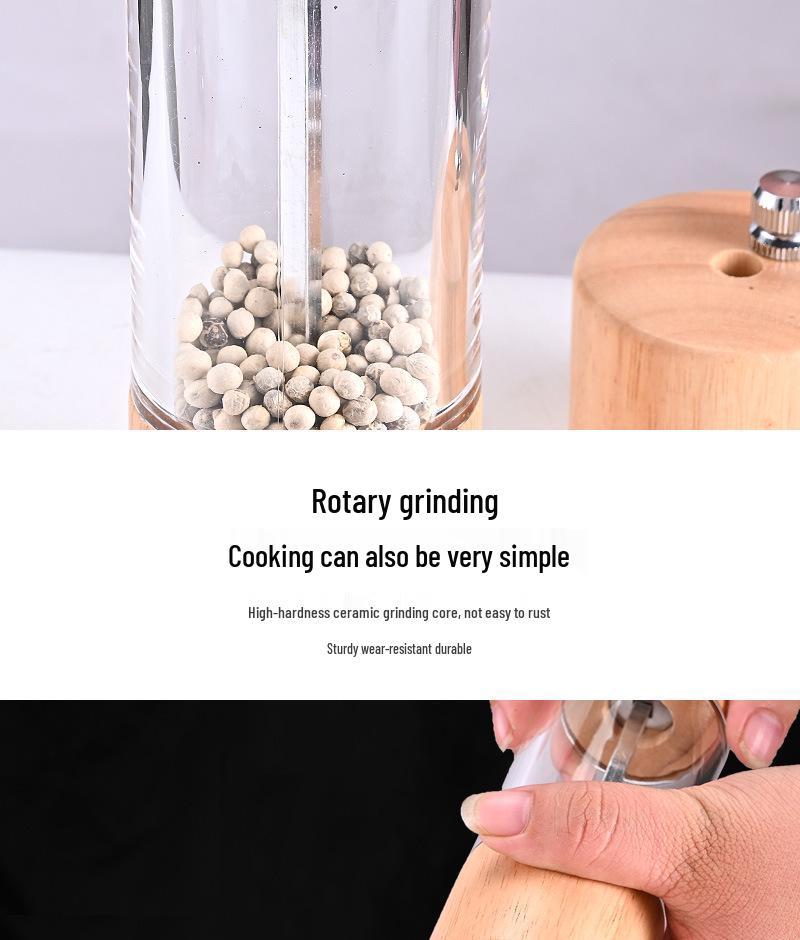 Oak & Acrylic Manual Pepper Grinder - Black Pepper Mill Kitchen Tool