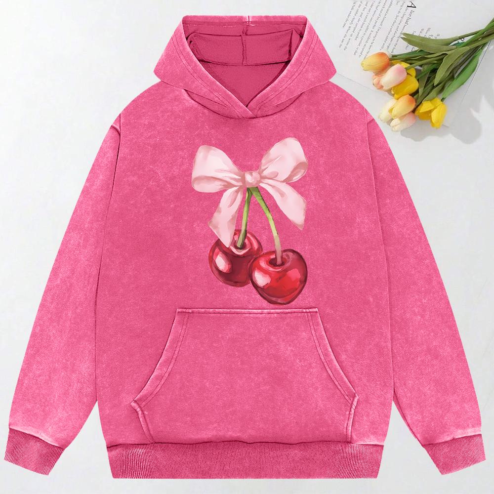 Bow Cherry Art Printed Women Washed Hoodies Cotton Creativity Clothing Hip Hop Fashion Oversized Female Hoody