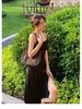 Summer Black Irregular Draped Strap Midi Dress - French Sexy Slimming Split Design