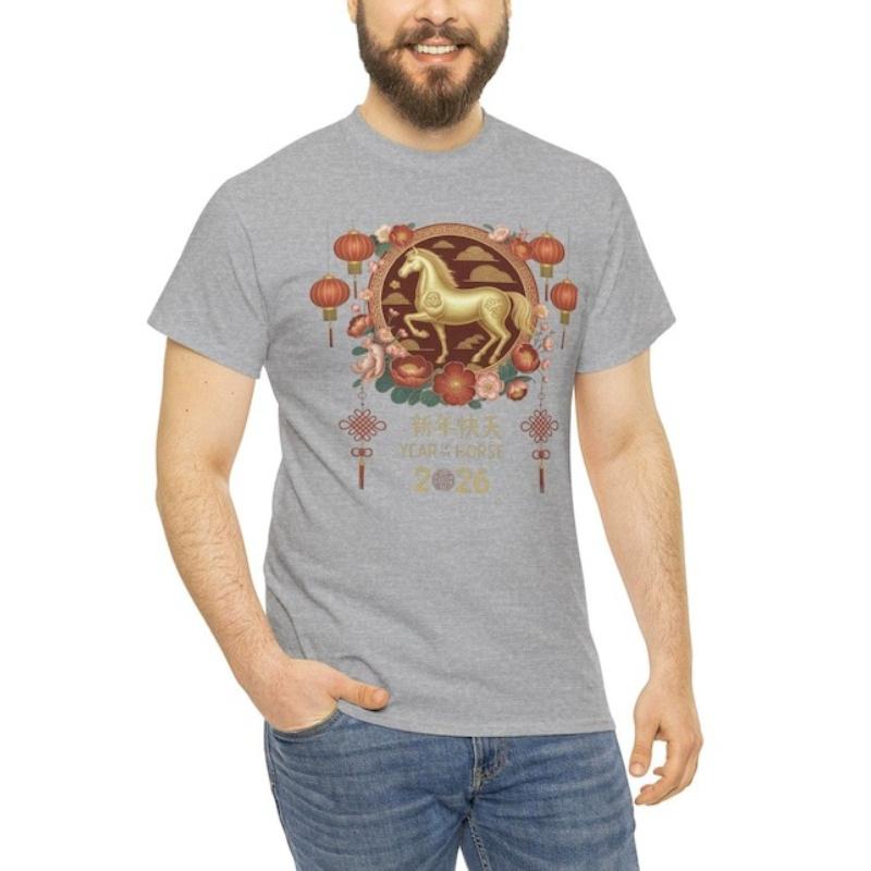 Hello 2026 New Year Chinese Unisex Shirt Happy Lunar New Year Horse Gift Crewneck Printed Tshirt Tops Regular Short Sleeve