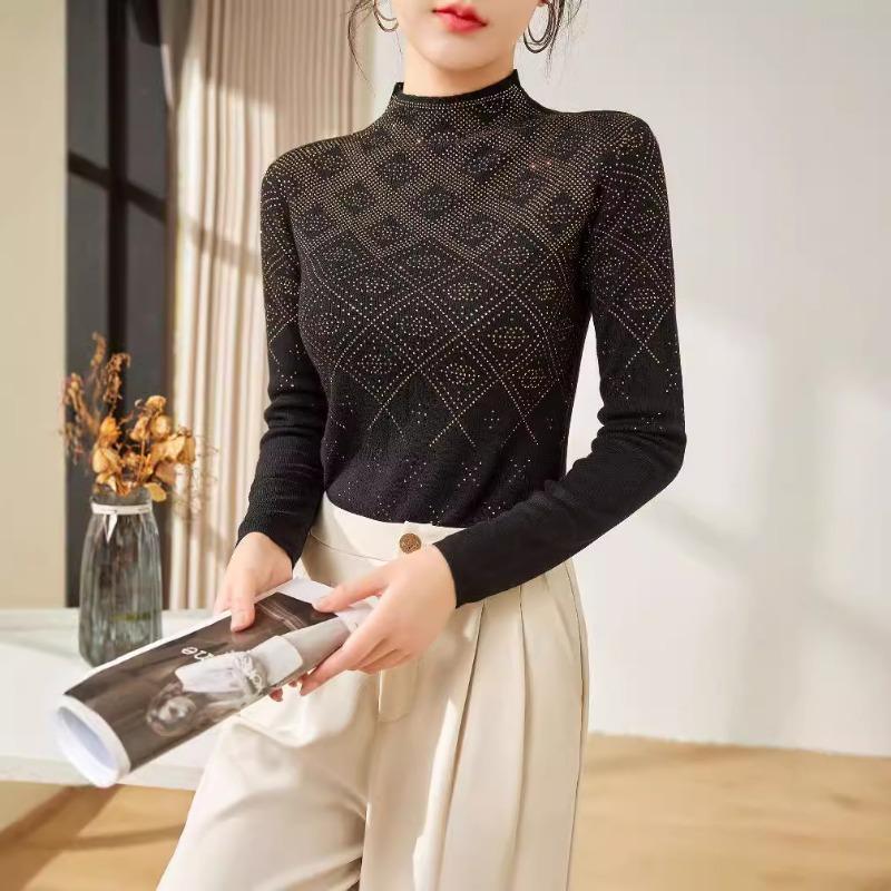 

Heavy industry hot diamond silk wool bottomed knitted sweater women s autumn slim and thin semi-turtleneck inner top 115 чёрный