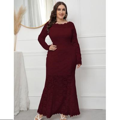 Plus Size Xl-5xl Fashion Autumn Hollow Lace Fishtail Dress European American Evening Dresses
