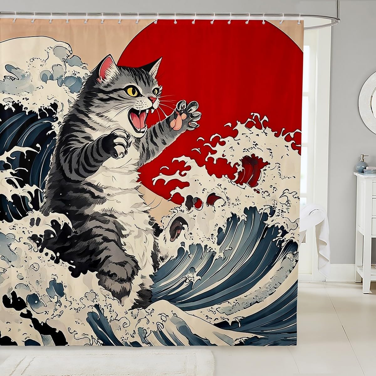 

Japanese Style Shower Curtain Funny Cat Fabric Shower Curtain For Kids Boys Girls Ukiyo-E Theme Bathroom Waterproof Accessories W60H190(CM)-1 Pcs