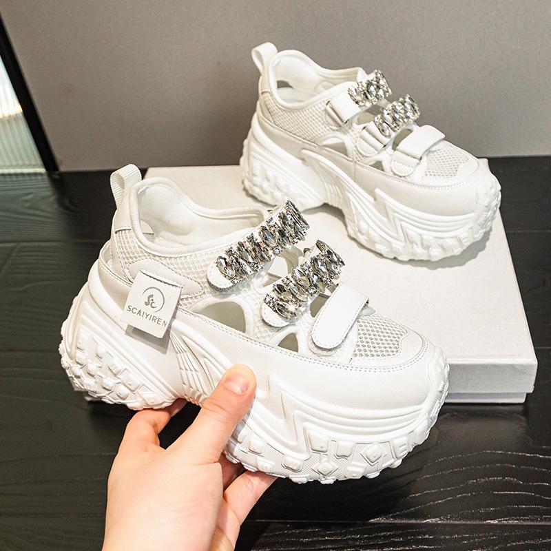 Daddy Shoes Girl 2025 New Summer Thick-soled Hollow Mesh Rhinestone Breathable Shoes Casual Fashion Versatile Women's Sandals