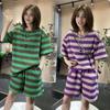 Striped Short-sleeved T-shirt Suit for Women Summer Loose and Fashionable Large Size Round Neck Top and Shorts Two-piece Set
