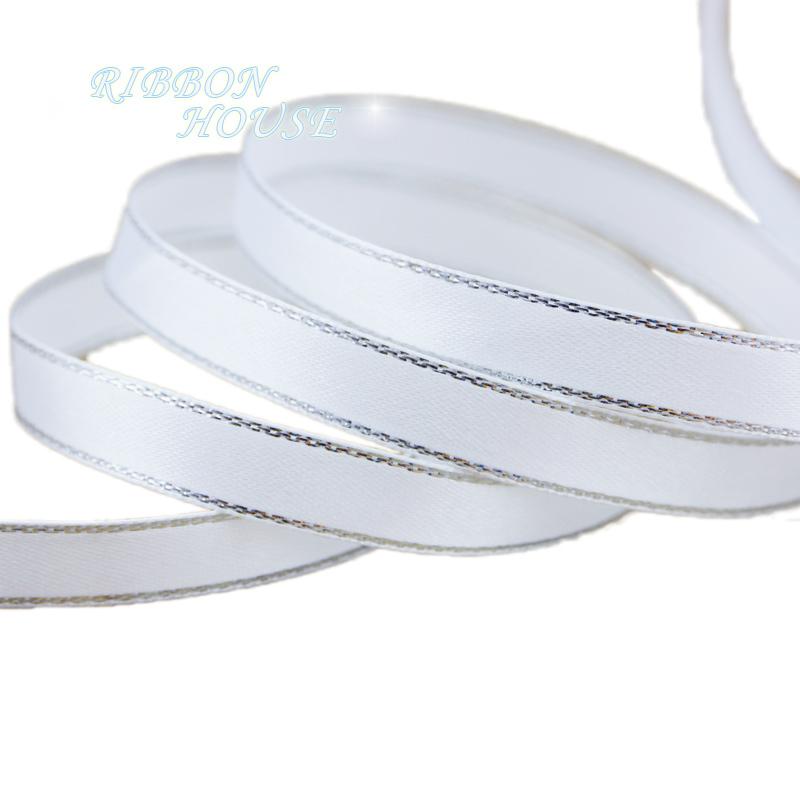 (25 Yards/Rolle) Weißes Silberkanten Satinband Großhandel hohe Qualität Geschenkverpackung Weihnachtsband (6/10/20/25/40mm)
