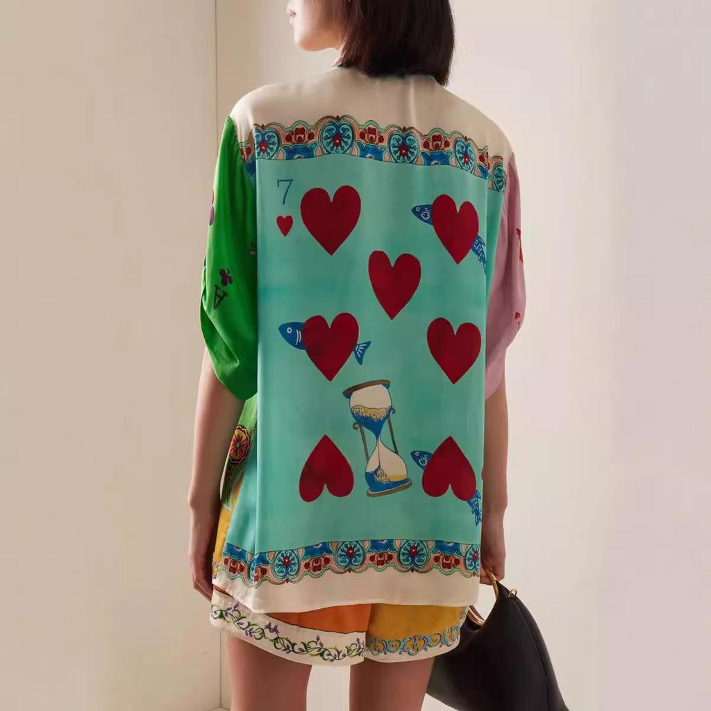 Europa e Stati Uniti transfrontaliero 2024 nuova stazione indipendente set di pantaloncini con colletto alla coreana in lino con graffiti in lino colore macaron