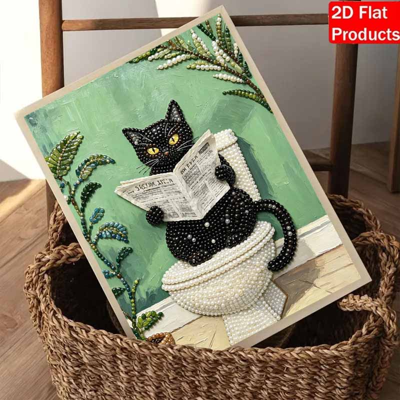 Framed Pearl Art DIY Kit with Funny Reading Black Cat Pattern 3D Sparkling Bead Canvas Painting Handmade Gift for Home Decoration