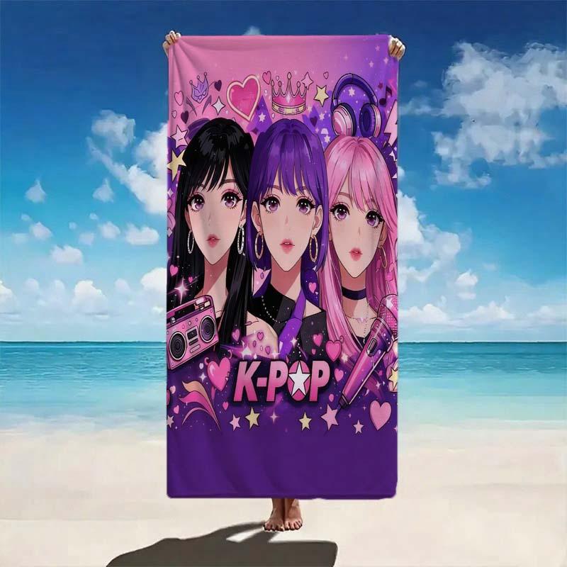 Pink Purple K-pop Anime Girl Beach Towel Ultra Absorbent Cool Room Stuff Bath Towel for Pools Swimming Outdoor Gym Room Decor