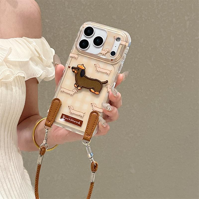Plaid Embroidered Dachshund Phone Case with Hand Strap for iPhone 17/16 Pro Max/15/14
