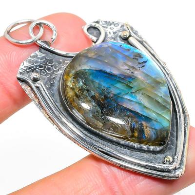 Natürlicher Labradorit Edelstein Handgefertigter 925 Sterling Silber Anhänger 2,48" k3Y55