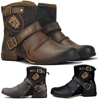 Autumn and Winter New Fashion Buckle Cowboy Boots Round Toe Square Heel Short Tube Casual Men Ankle Boots Black