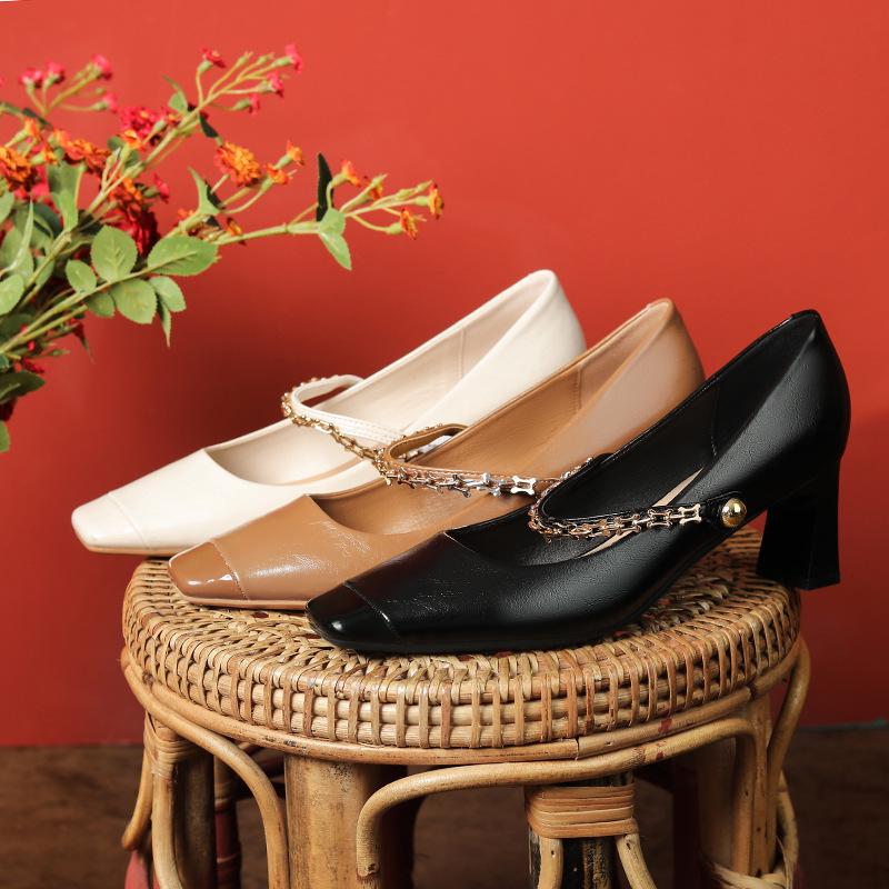 

Sheepskin Chunky Heel Mary Jane Square Toe Shoes for Women - Spring/Autumn 38 чёрный