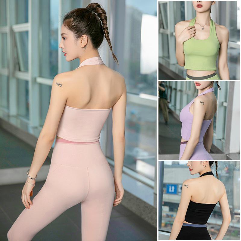 Elegant Halter Neck Yoga Tank with Built-in Shockproof Bra for Fitness and Running - High-Quality Sports Bra for Women, Beautiful Back Design