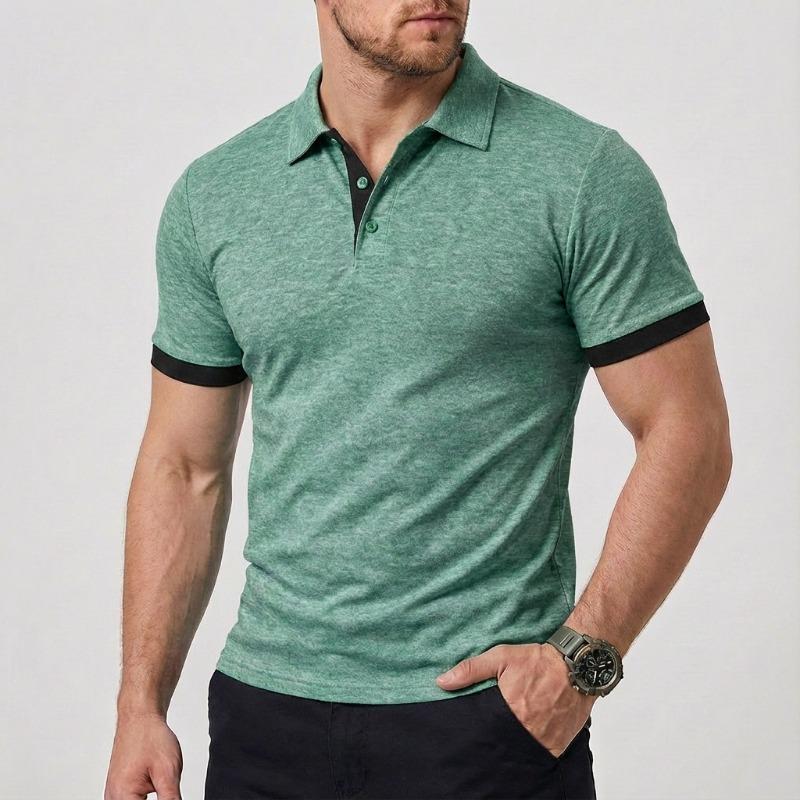 Men Turn Down Collar Short Sleeve Polo Shirt Contrast Cuff Slim Fit Casual Business Daily Tops