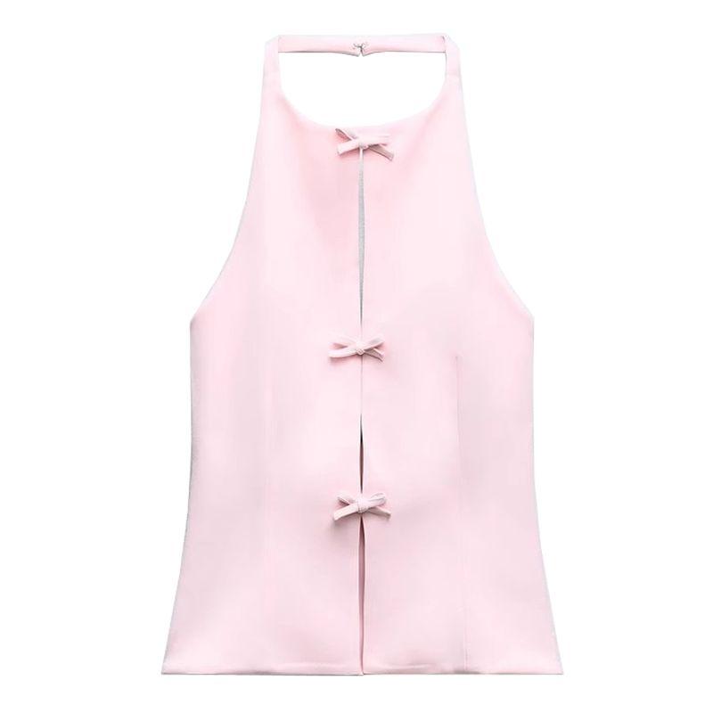 Summer New Product Women's Clothes French Style Design Bowknot Decoration Hanging Collar Backless Short Tops 4772009