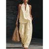 Set 2 Pezzi 2026 Stile Vacanza da Donna e Set Collo in Lino Top Senza Maniche Scollo a V Lento Pantaloni a Gamba Larga Set Due Pezzi