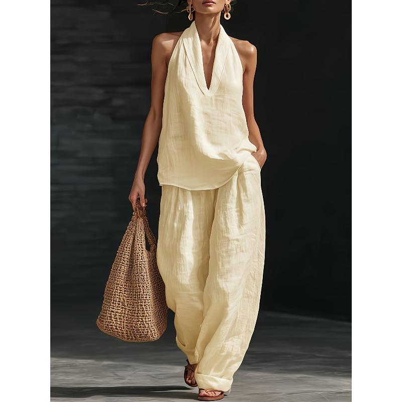 Set 2 Pezzi 2026 Stile Vacanza da Donna e Set Collo in Lino Top Senza Maniche Scollo a V Lento Pantaloni a Gamba Larga Set Due Pezzi
